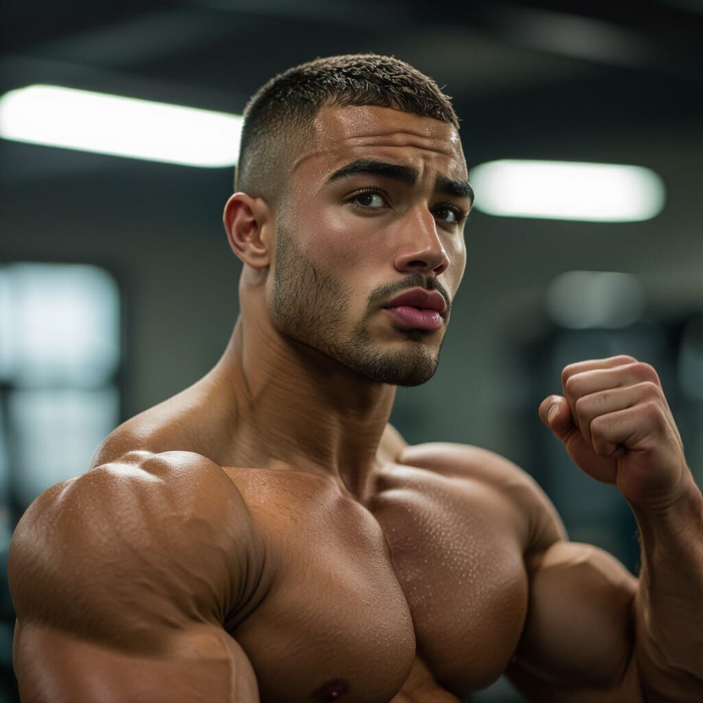 Cinematic Film Still of Muscular Bodybuilder Recruit