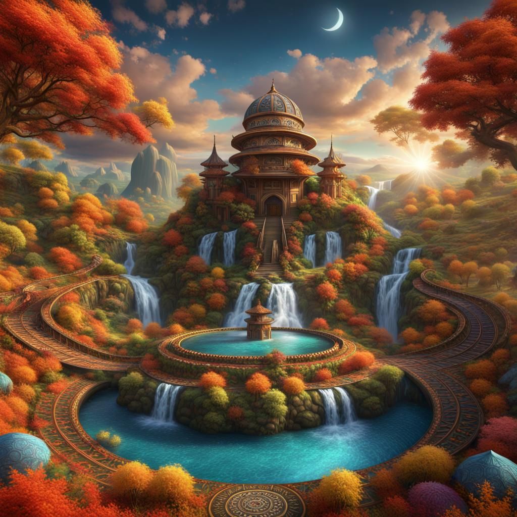 Fantasy Landscape with Dragons and Mandalas
