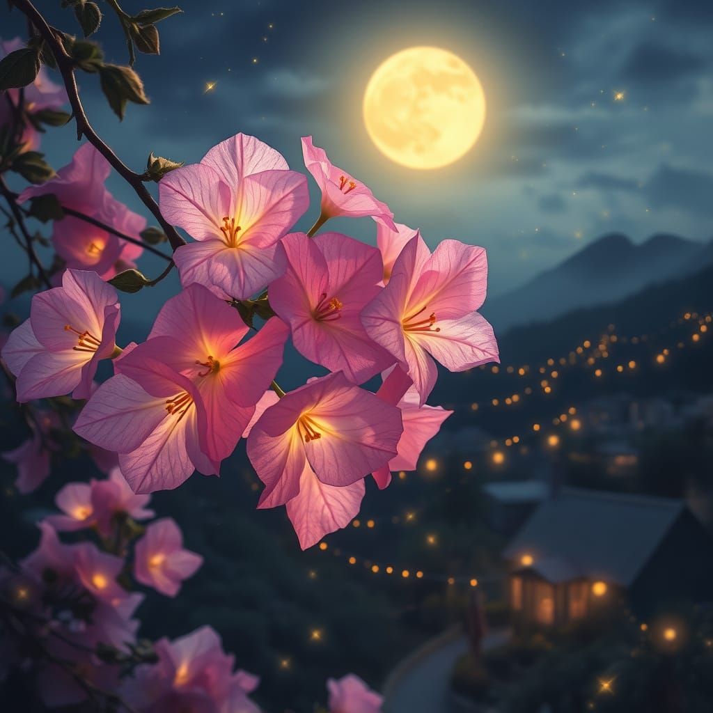 Dreamy Night Scene with Glowing Bougainvillea