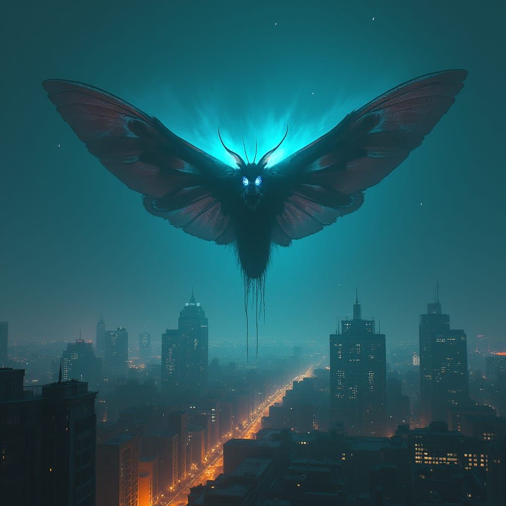 Bioluminescent Mothman Soaring Over Cyberpunk Metropolis