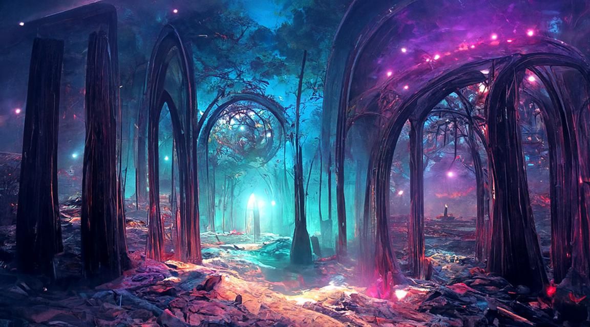 Eerie Alien Portal Architecture in Romantic Landscape