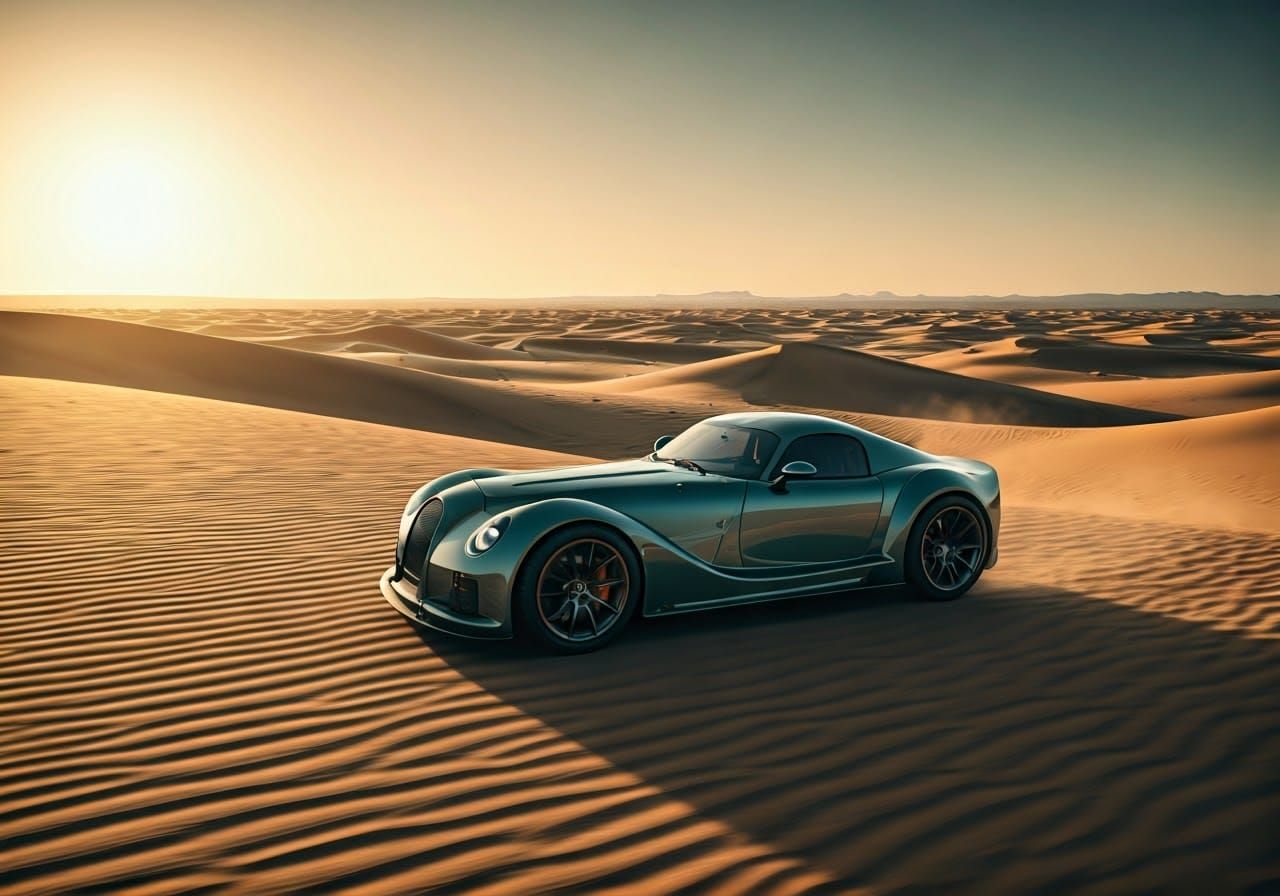 Sleek Concept Car Speeds Across Sahara Dunes in Golden Light