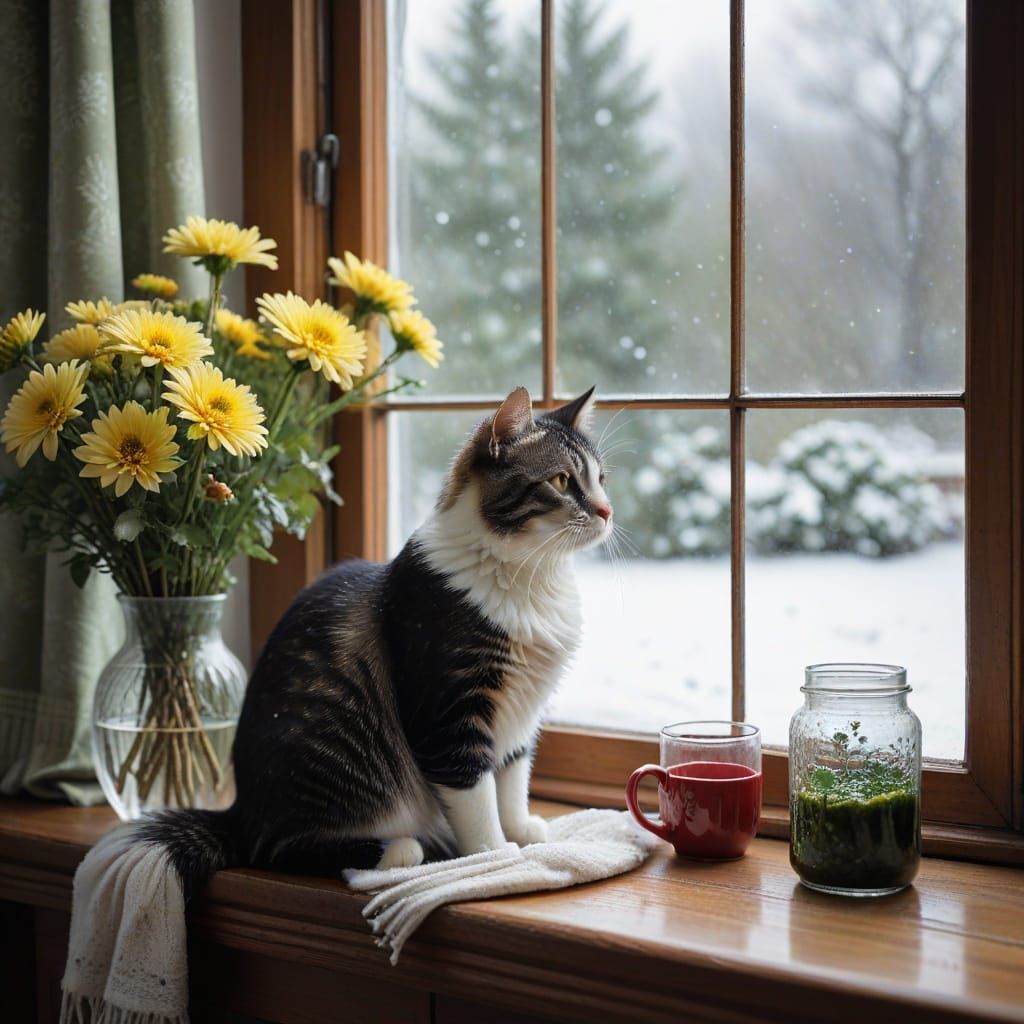 Cozy Winter Scene: Tabby Cat Watches Snowfall