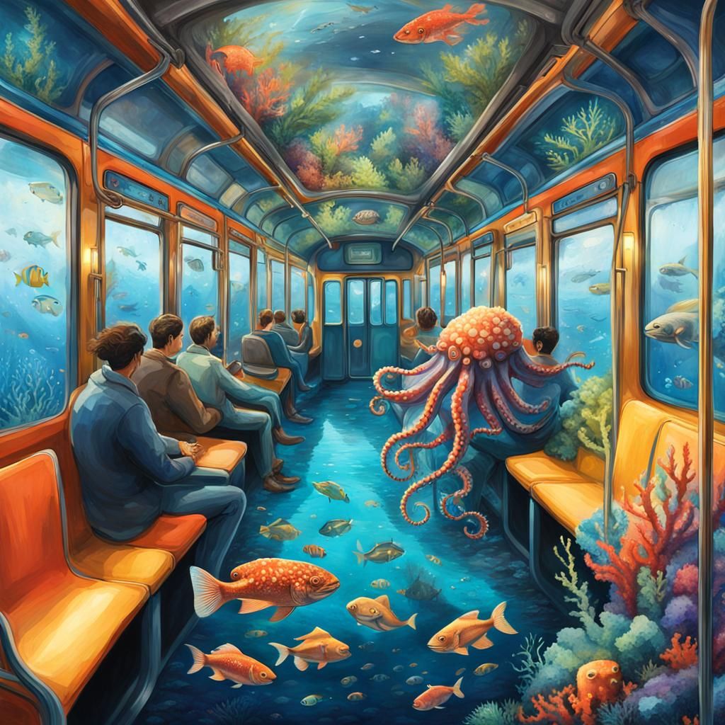 Underwater Tram with Neptune in Hyperrealistic Splash Art