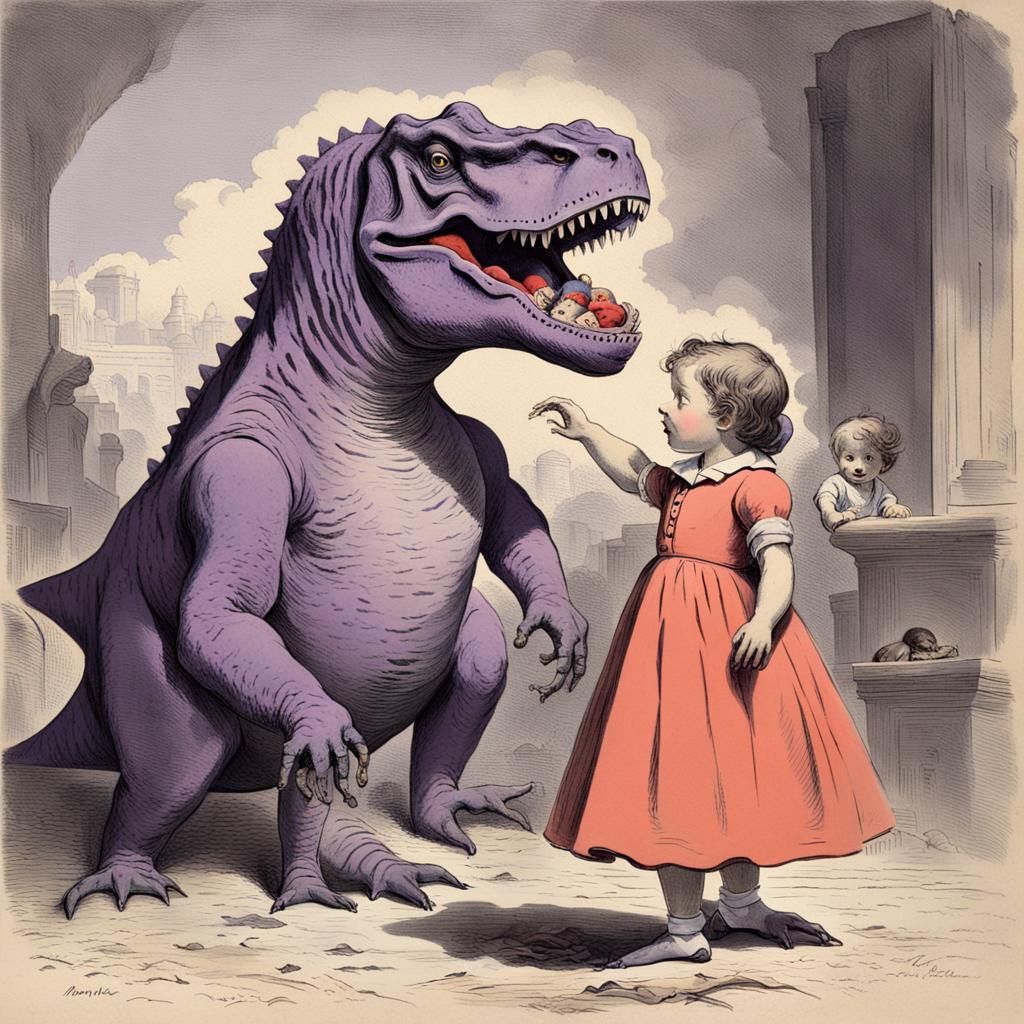 Violet T-Rex in 1940s Style with Baby