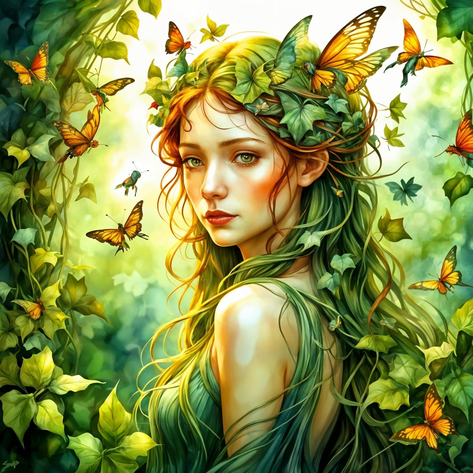 Enchanted Forest Woman with Ivy Hair, Watercolor