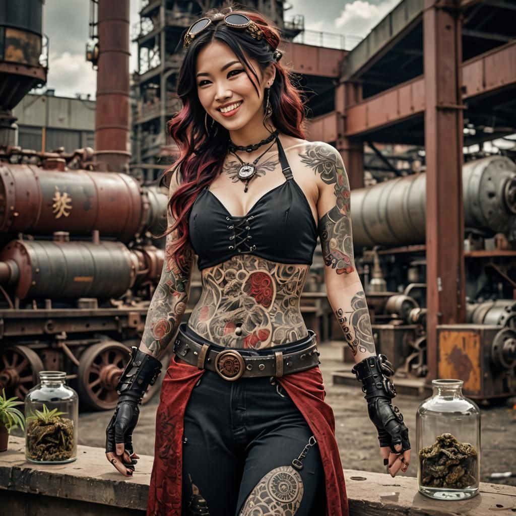 Smiling Woman with Tattoos in Steampunk Setting