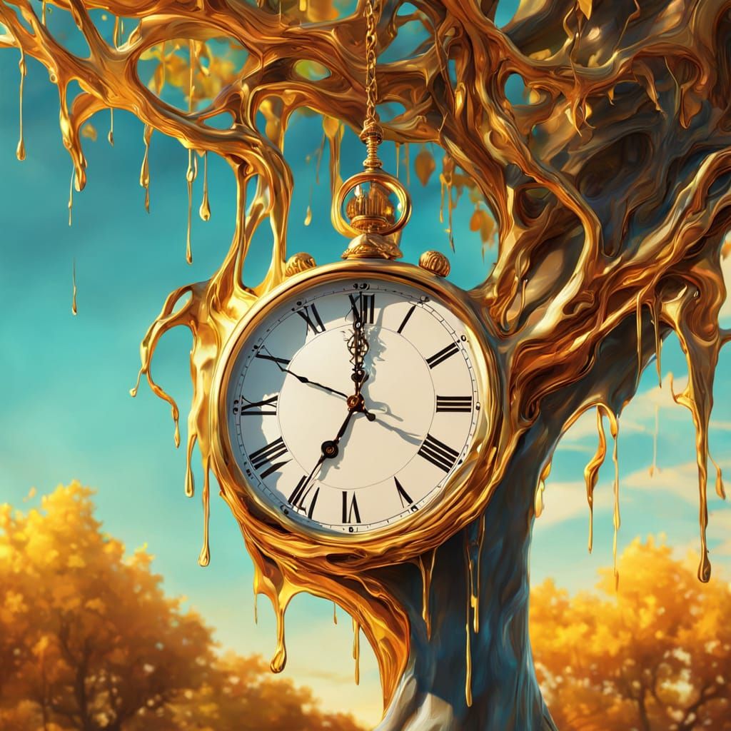 Melting Clock on Branch: Surrealist Digital Painting