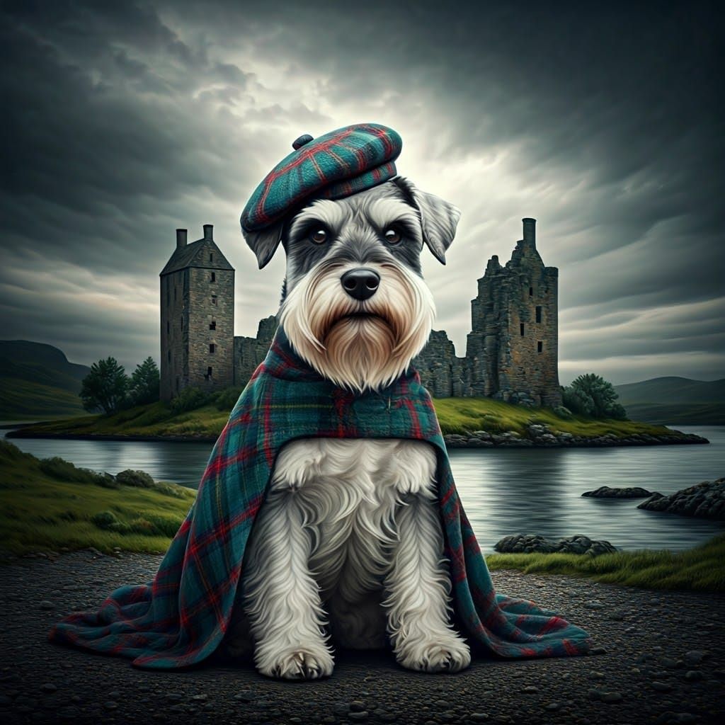 Mini Schnauzer in Scottish Costume at Ancient Castle
