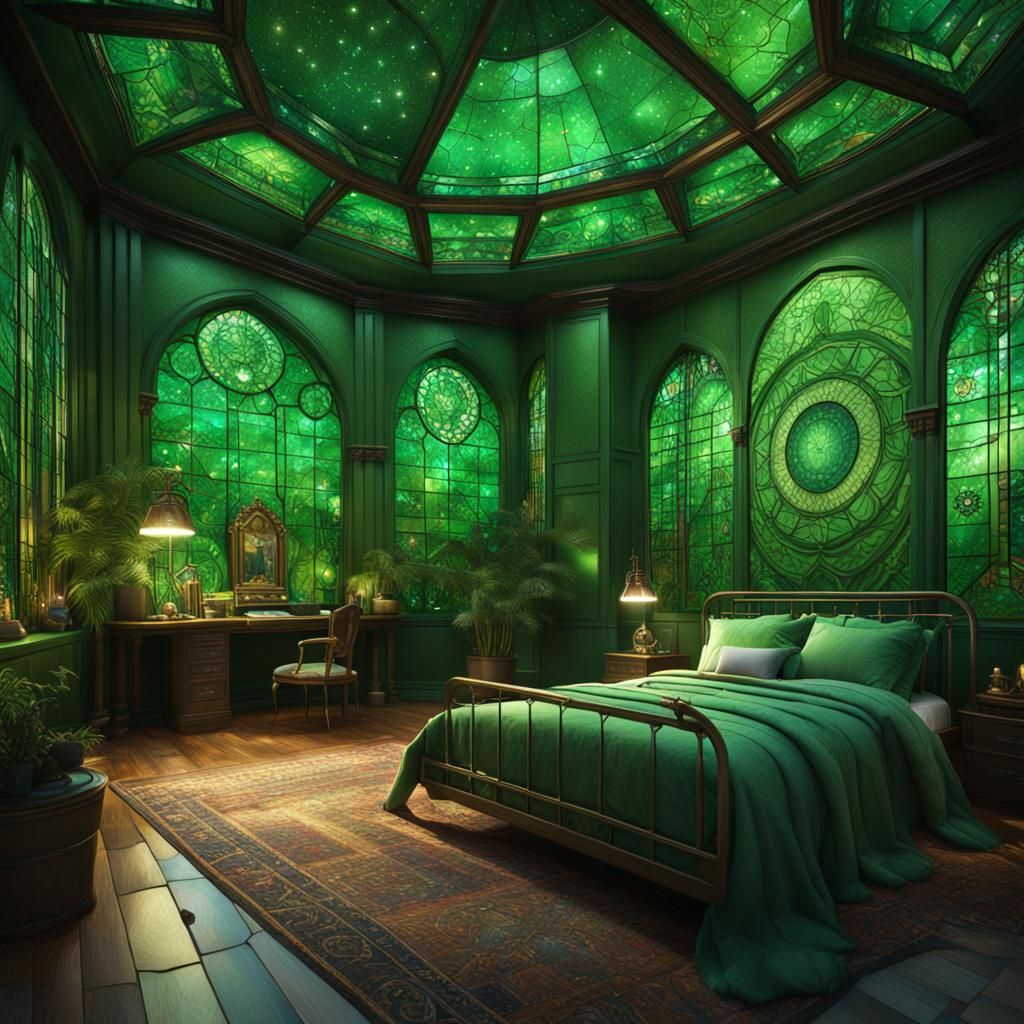 Elegant Green Bedroom with Stained Glass Constellations