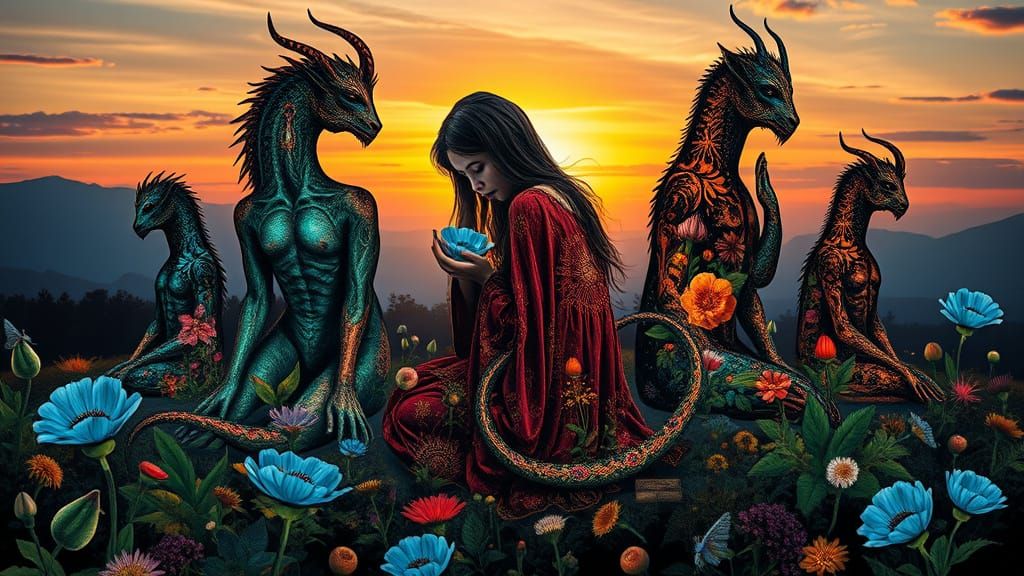 Ethereal Collage of Mystical Creatures in Sunset Landscape