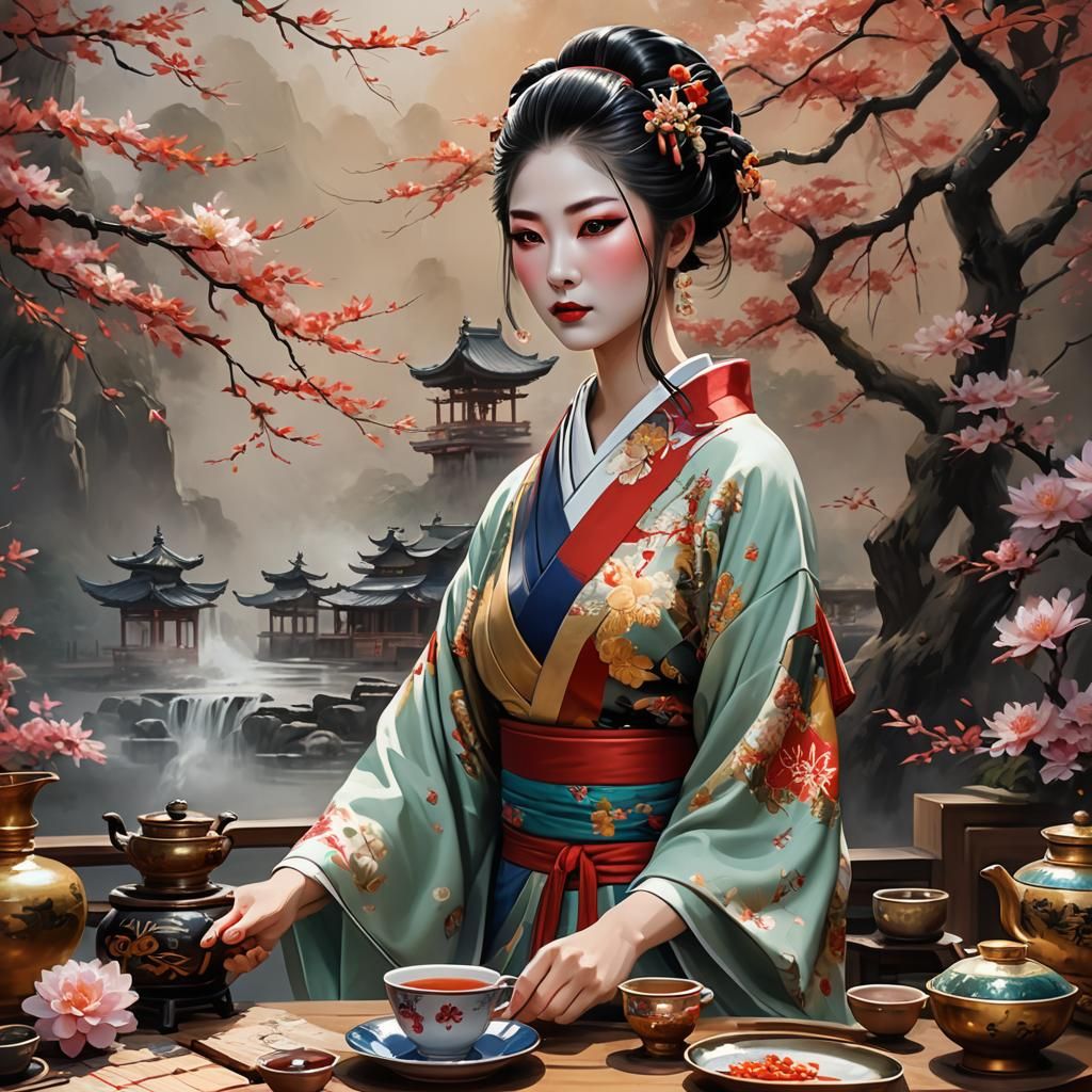 Geisha Tea Master in Kimono: Oil Painting