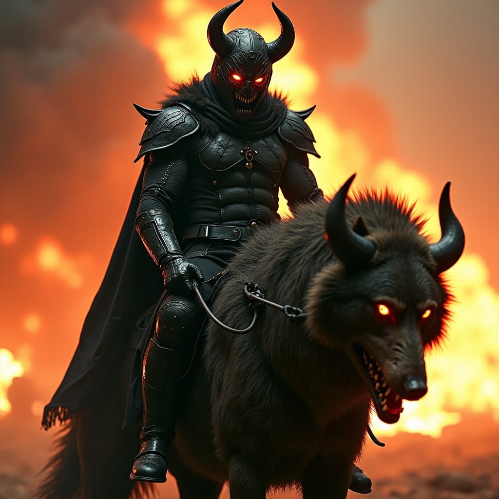 Hellish Superhero on Wolf: Cinematic Apocalyptic Scene