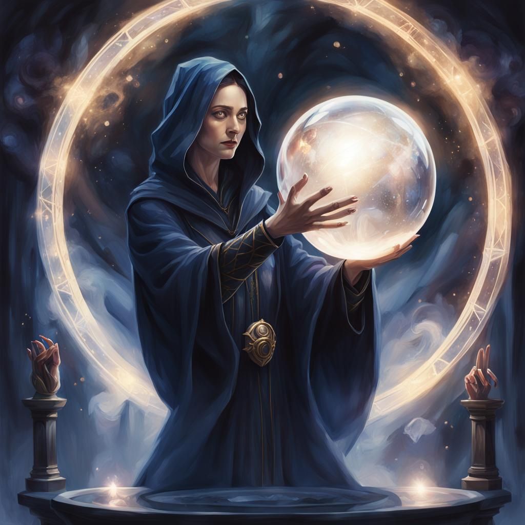 High Elf Wizard Gazing into Crystal Ball in Dark Fantasy