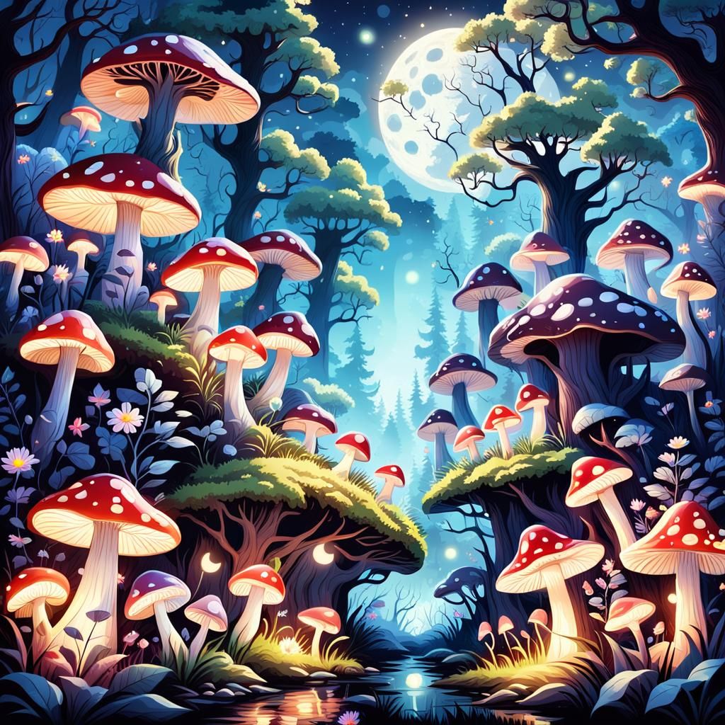 Mystical Forest with Glowing Flora Under Moonlight