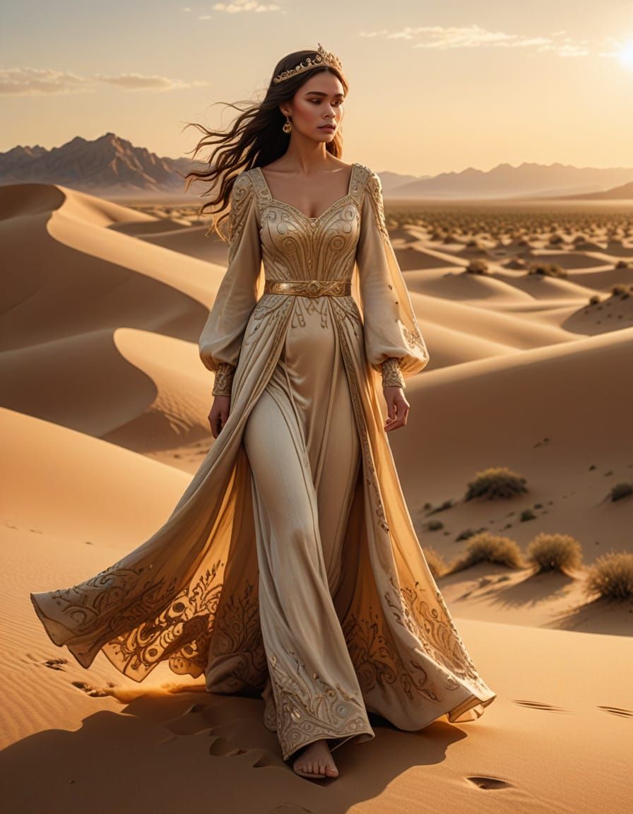 Serene Princess in Traditional Gown Walks Desert Dunes