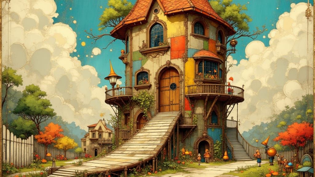 Whimsical Boot House with Gnomes in Fantasy Style