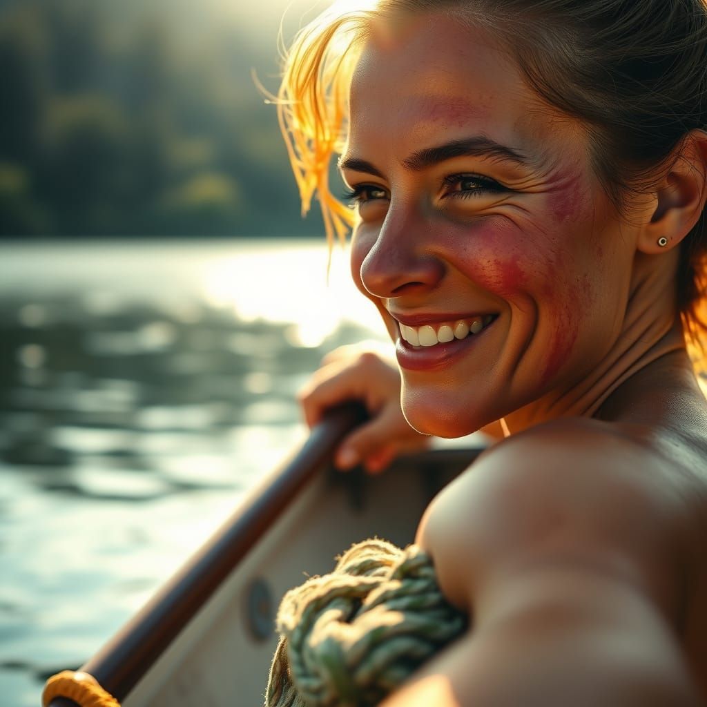Red-Skinned Woman Rowing Boat on Serene Lake