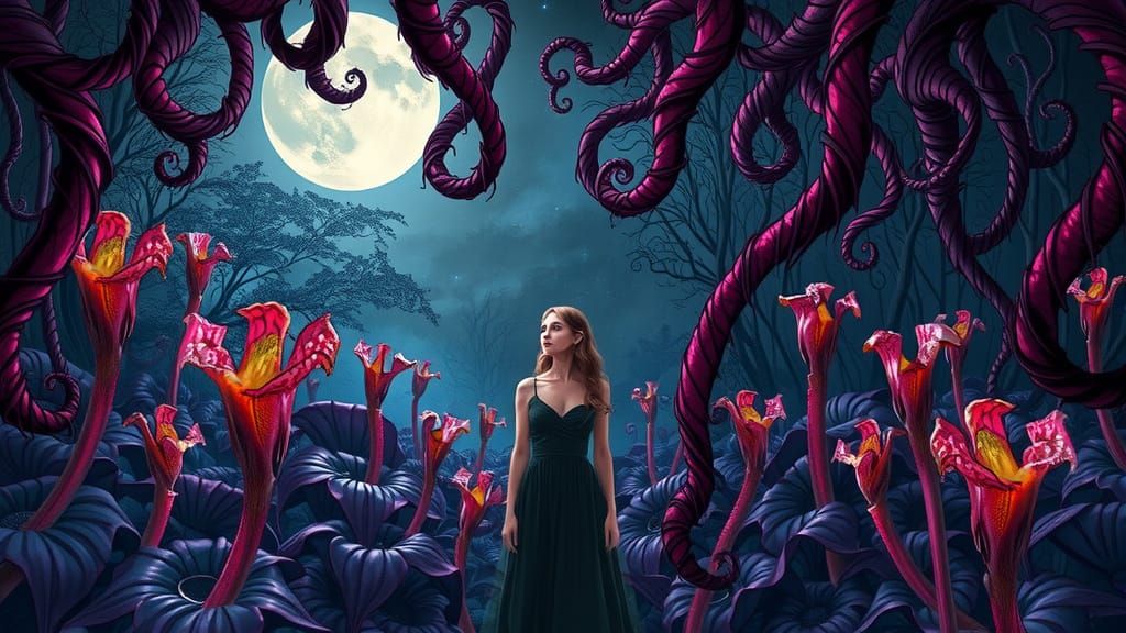 Mystical Garden with Carnivorous Plants in Alcohol Ink Style