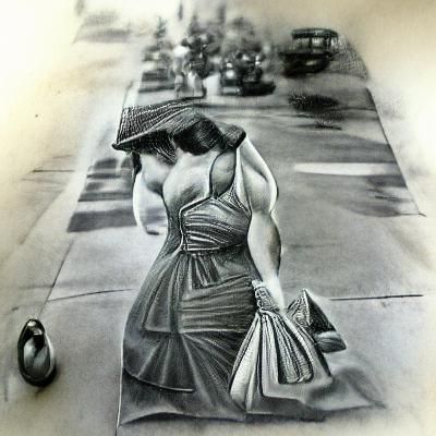 Brunette in 1950s Dress: Charcoal Drawing