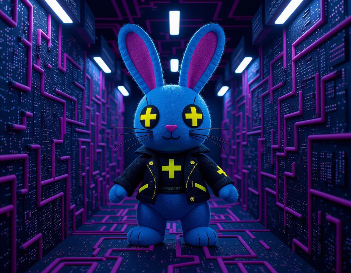 Creepy Cyberpunk Felt Voodoo Bunny in 3D Style