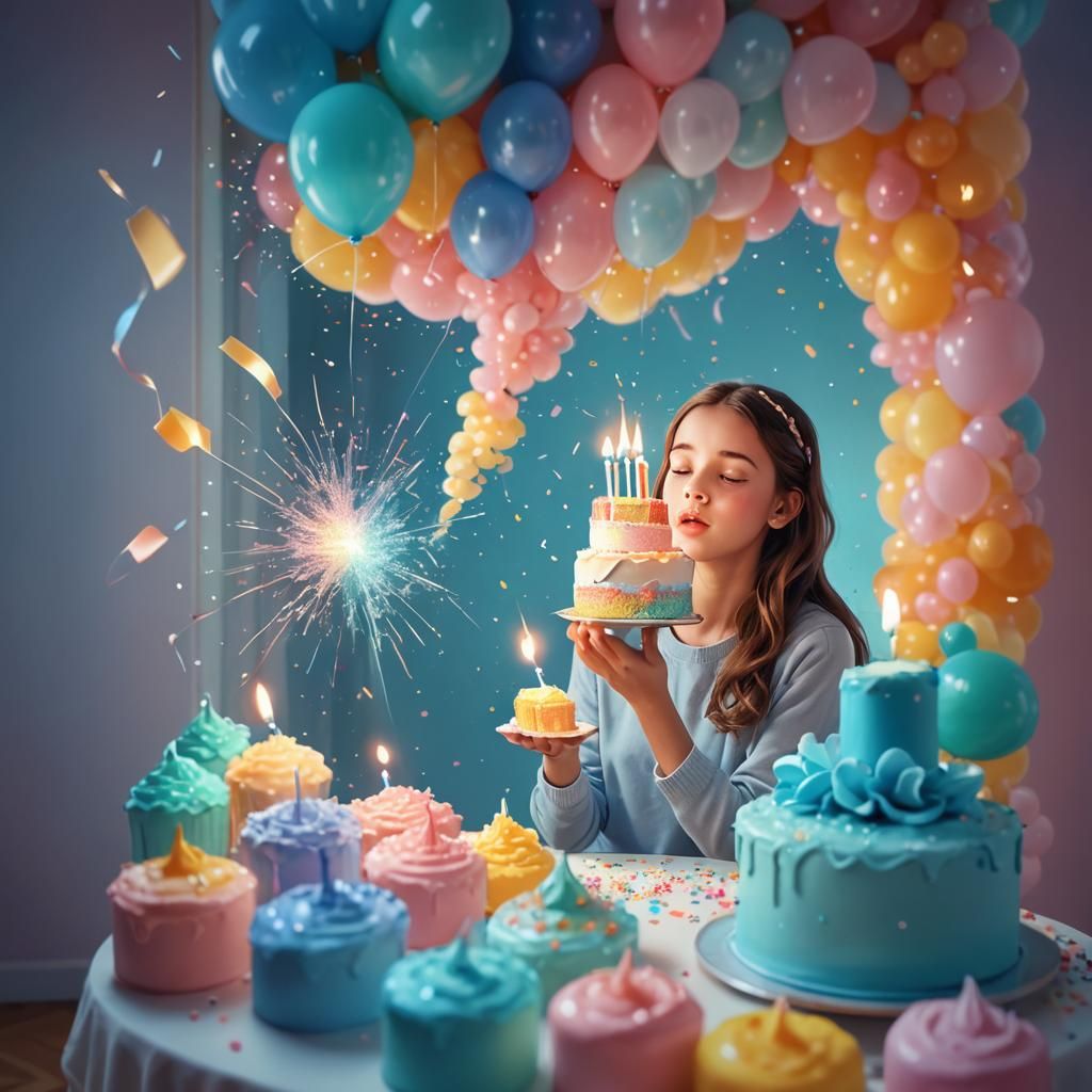 Girl Blowing Out Candles in Whimsical Digital Painting