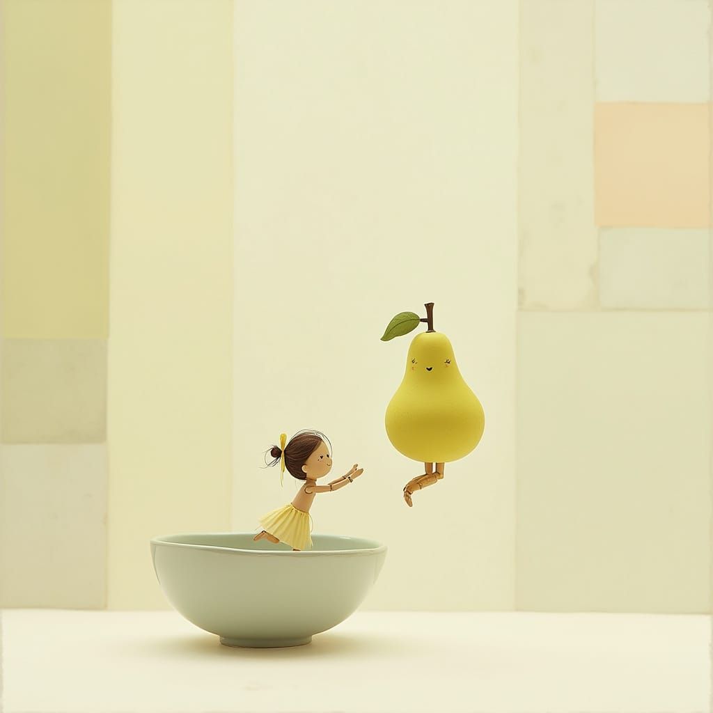 Joyful Girl Leaps into Colorful Pear Bowl