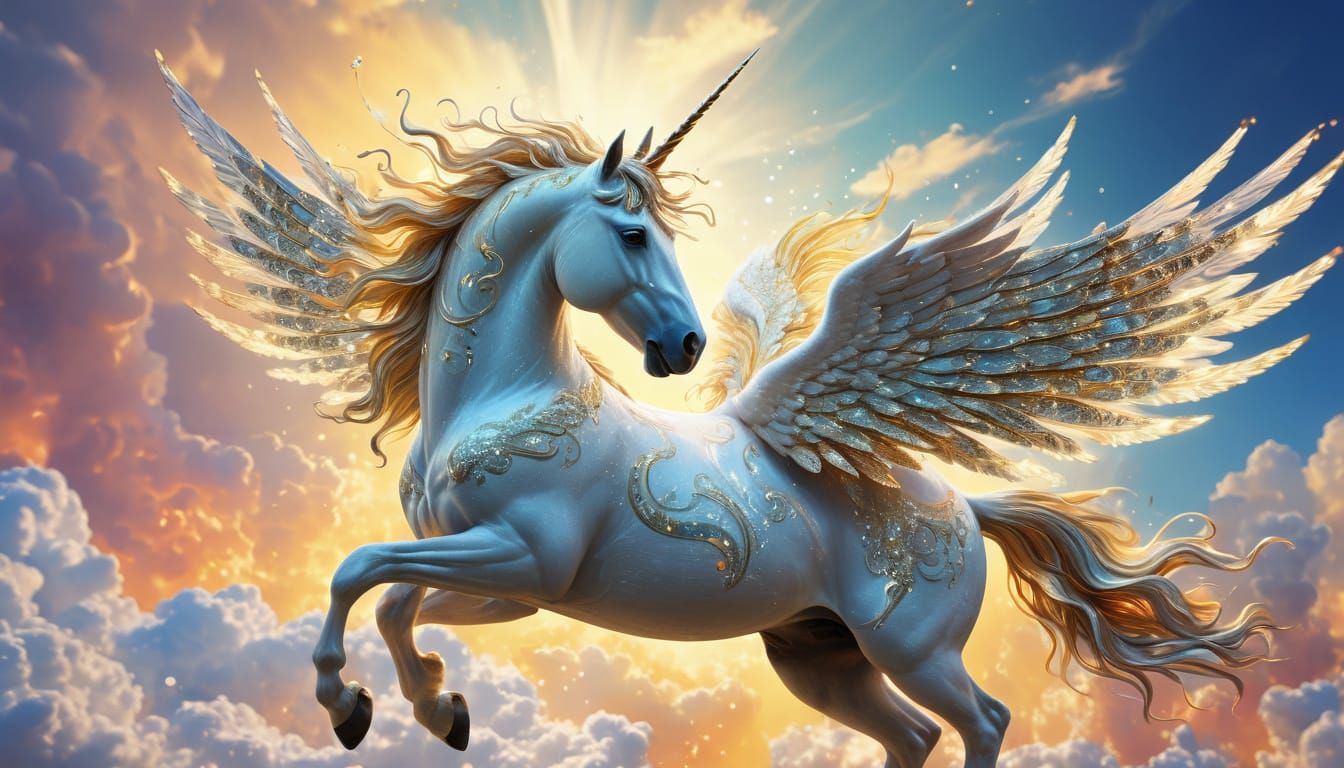 Fairy and Unicorn Flight in a Sunny Sky