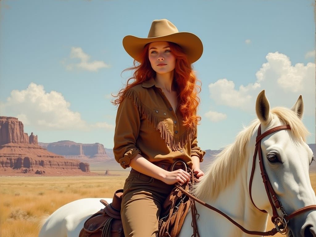 Impressionistic Oil Portrait of a Red-Haired Cowgirl in Badl...