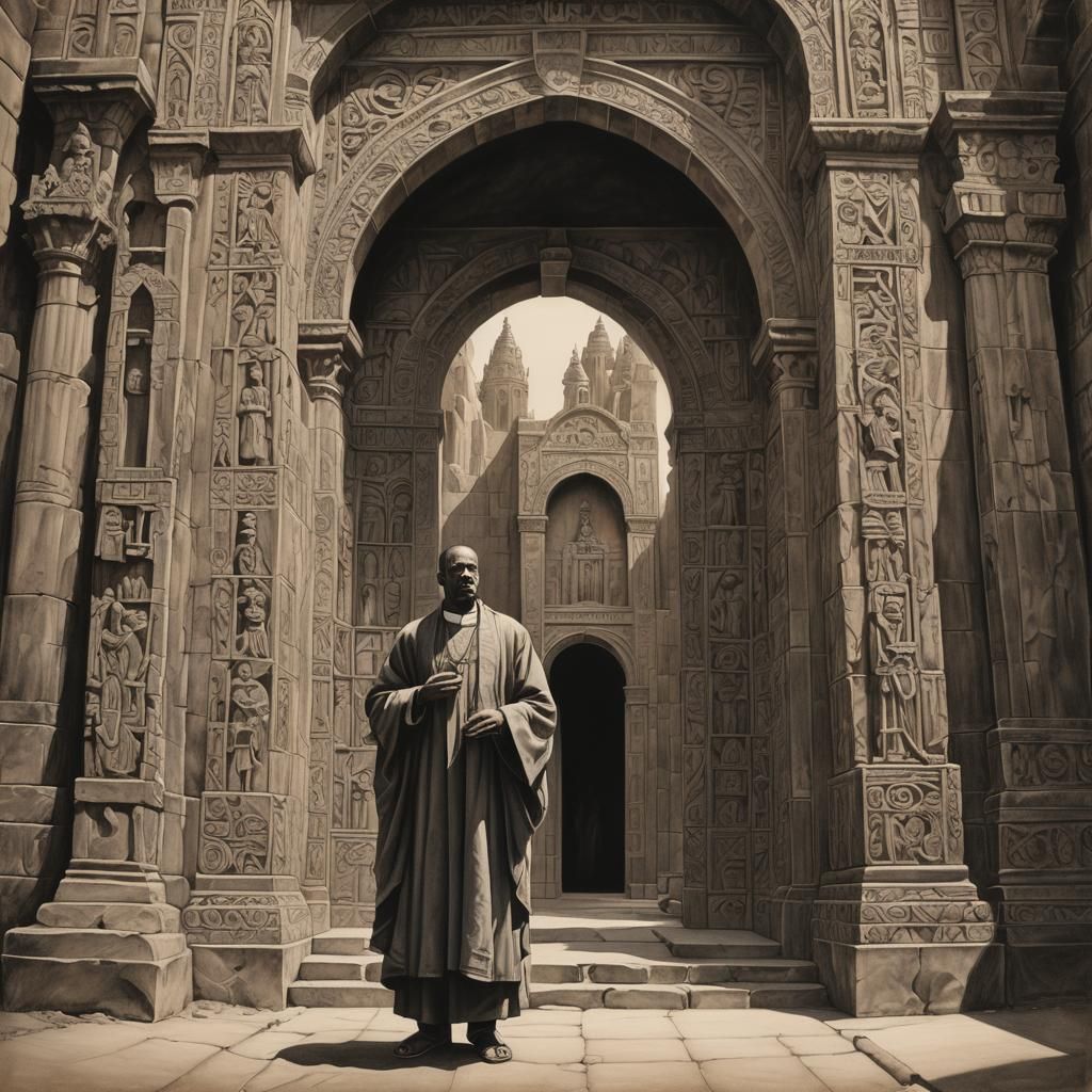 Ethiopian Priest in Charcoal Drawing of Cathedral