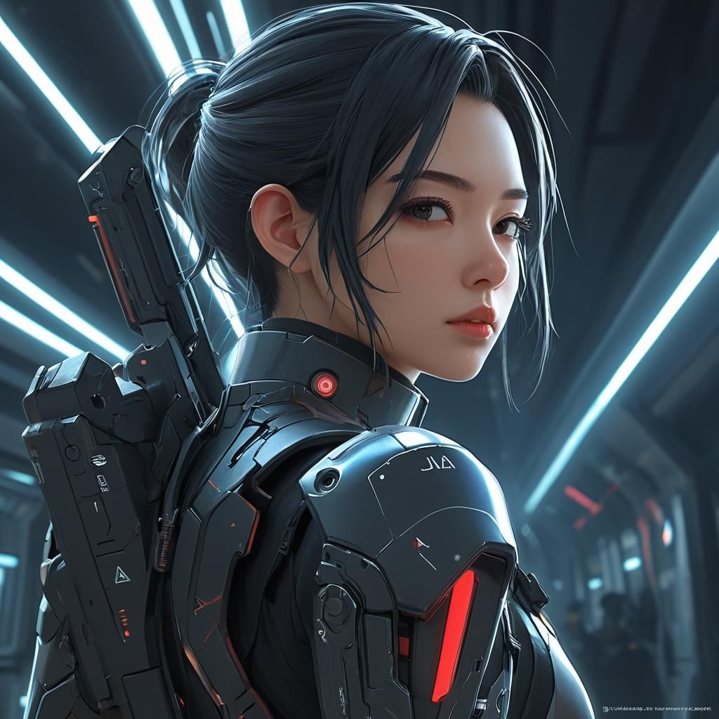 Confident Woman in Futuristic Spaceship Corridor