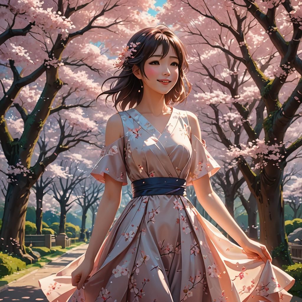 Anime Girl in Cherry Blossom Park, Digital Painting