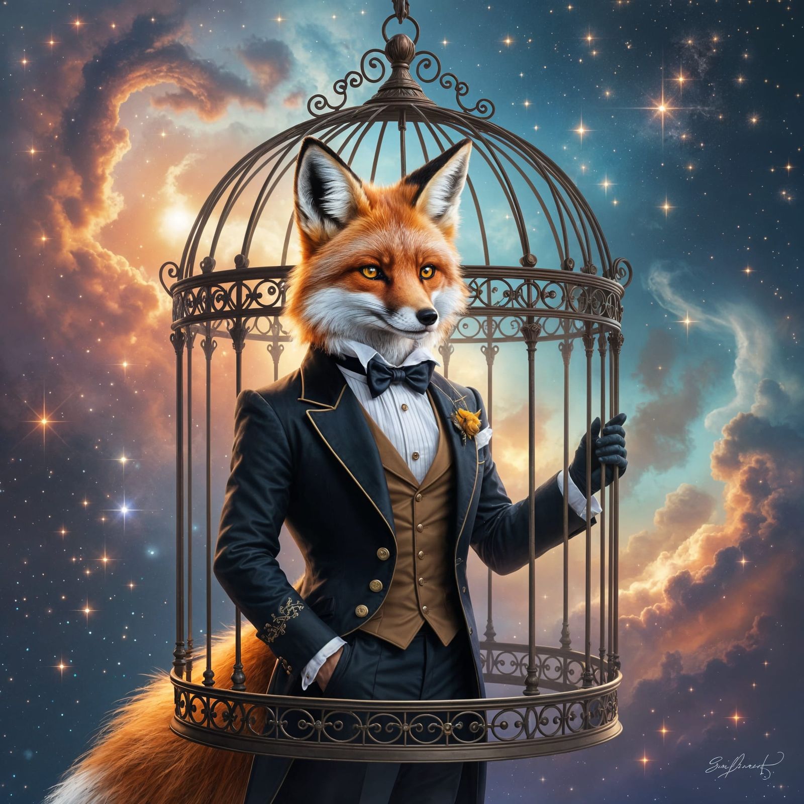 Victorian Fox in Cosmic Birdcage, Surreal Dreamscape