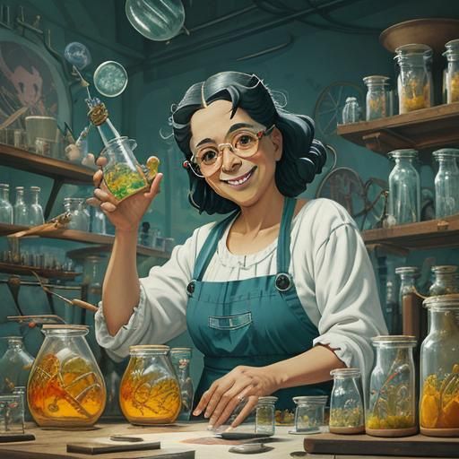Latina Scientist in Ghibli-Style Mad Science Lab