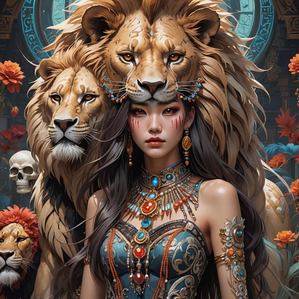 Day of the Dead Model with Lions, Hyperdetailed Portrait