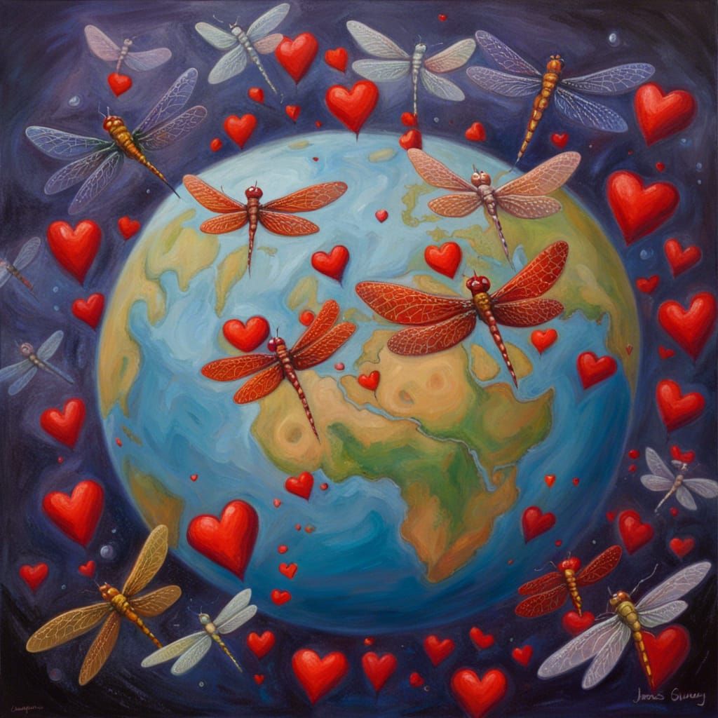 Dragonflies Spreading Love: An Oil Painting