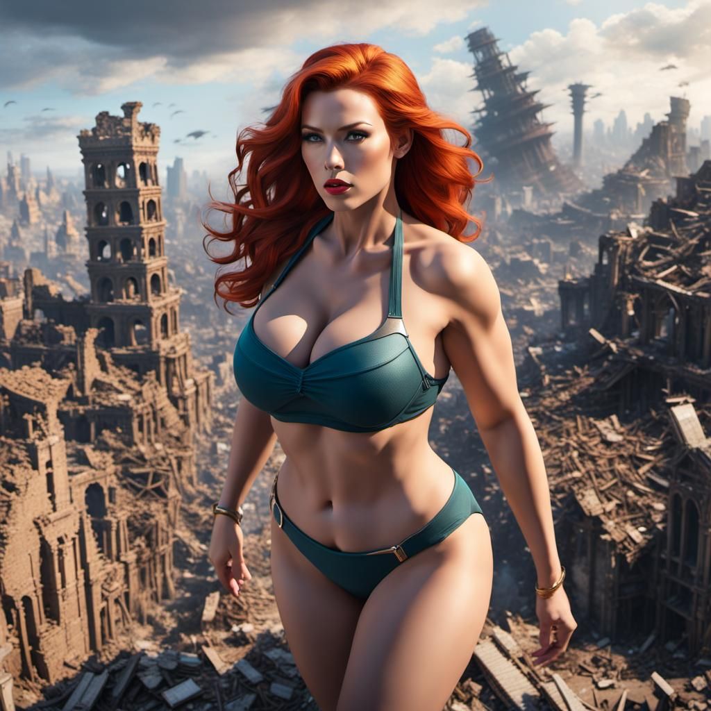 Rampaging Giantess in Ruined City, Fantasy Art