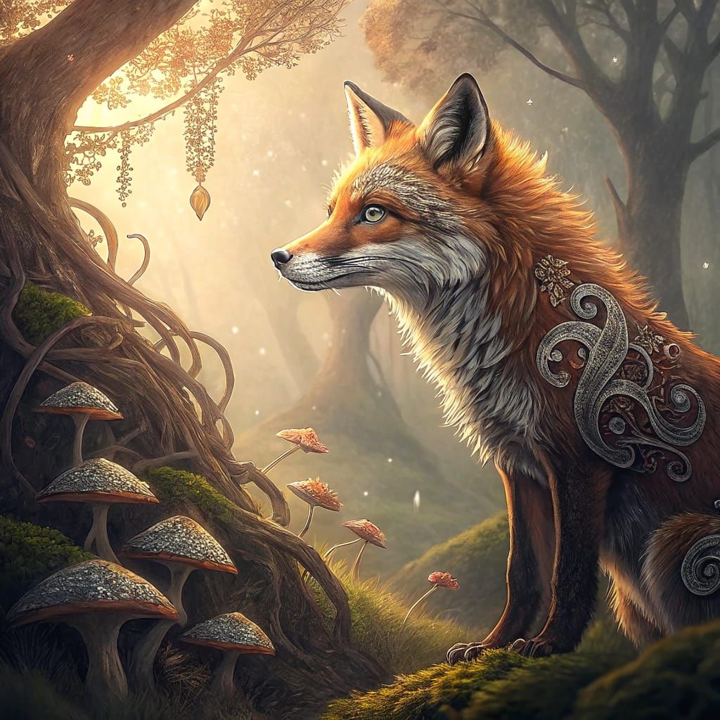 Majestic Fox in Ancient Forest Ruins