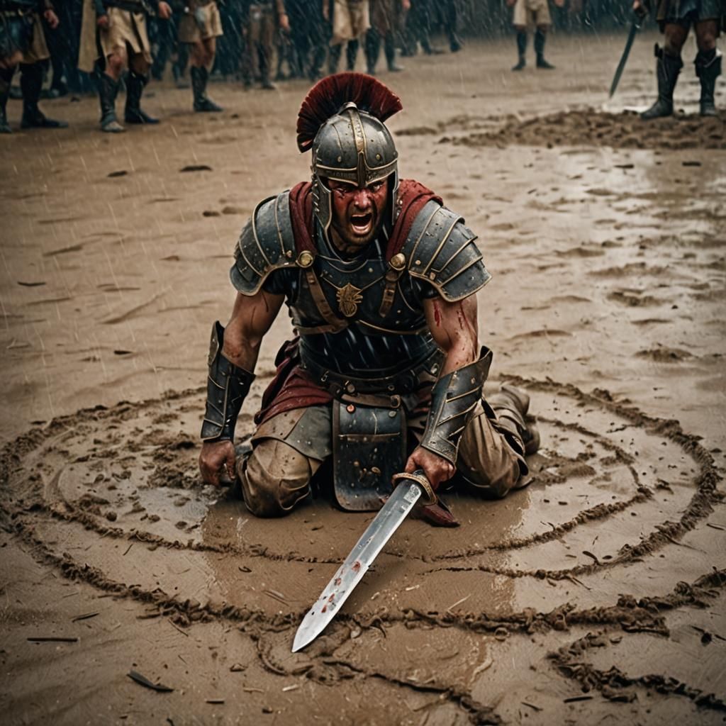 Wounded Gladiator Kneeling in Rain: Cinematic Film Still