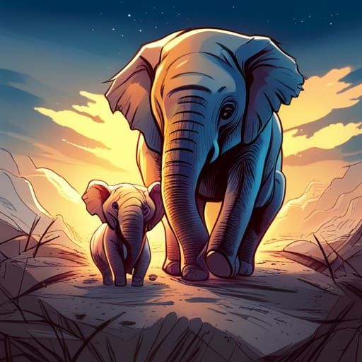 Adorable Elephant Calf with Mother: Comic Book Art