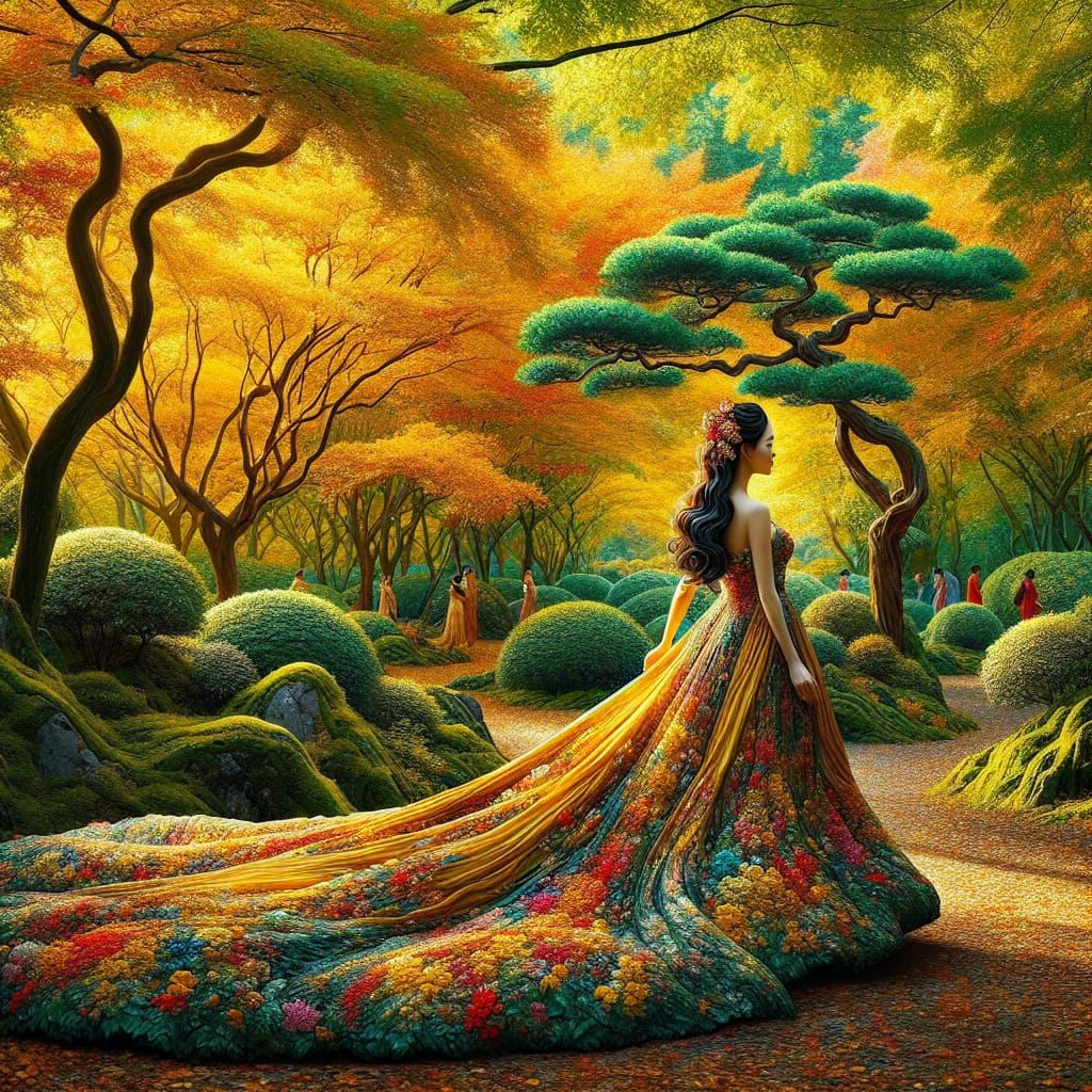 Asian Woman Strolls Through Colorful Park