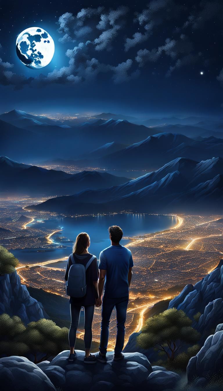 Lovers Admire Moonlit Sky from Greece Mountain