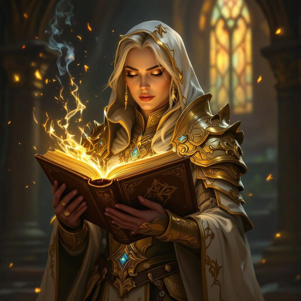 World of Warcraft Priest Casting Spell in Golden Armor
