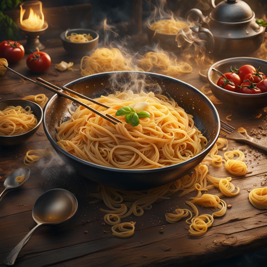 Steaming Pasta Bowl: Detailed Fantasy Concept Art