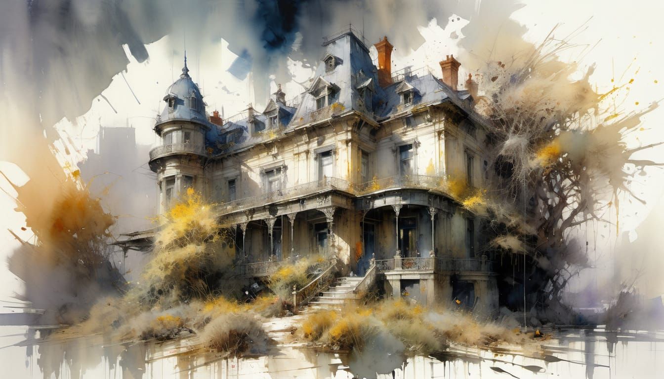 Abandoned Victorian Mansion in Fairytale Watercolor Style