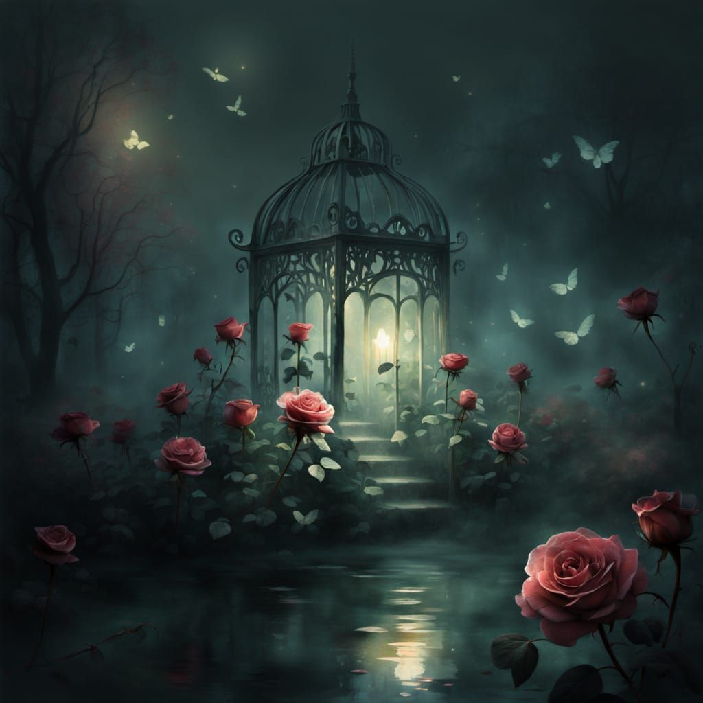 Ghostly Roses in Eerie Light, Storybook Illustration Style