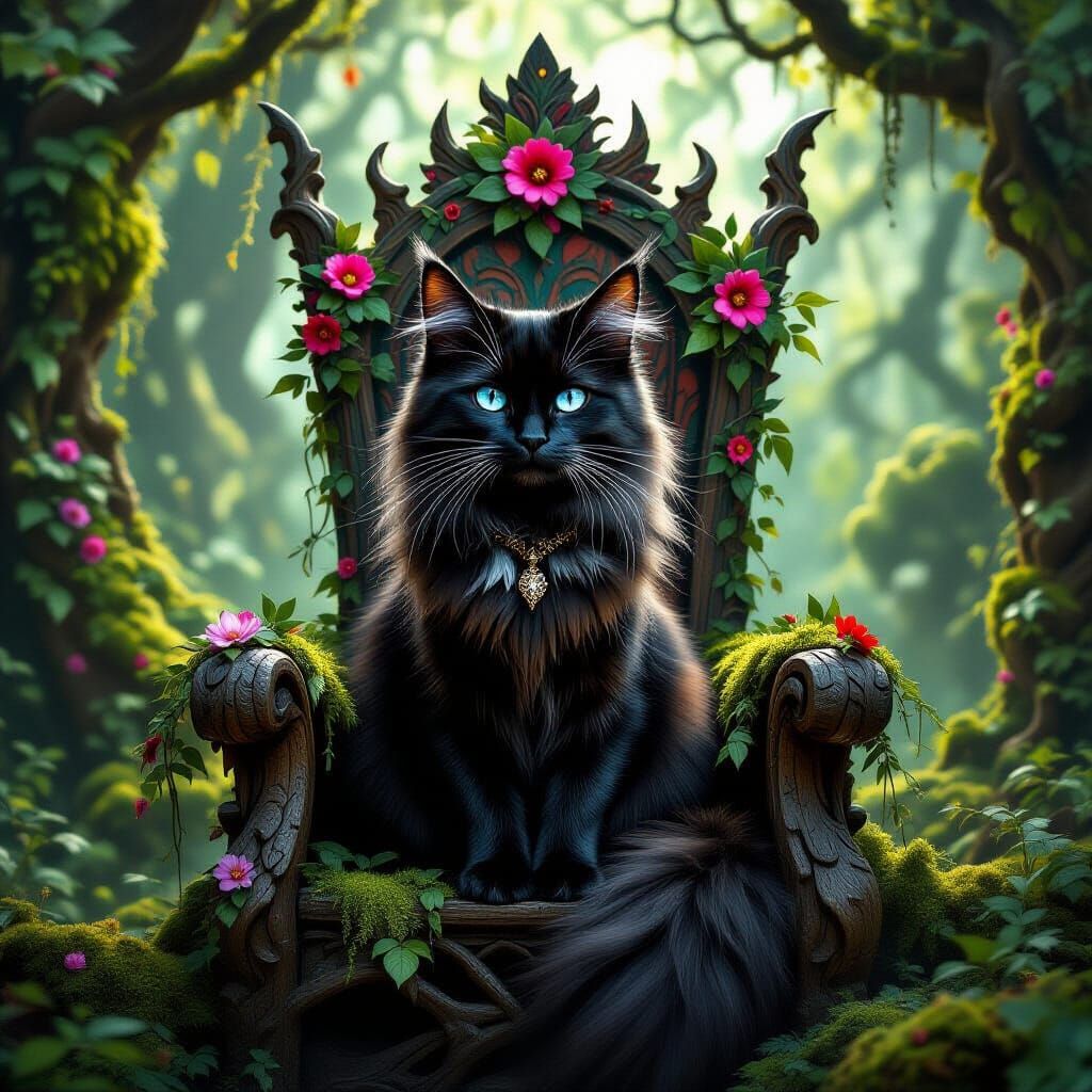 Majestic Heterochromatic Cat on Elven Throne