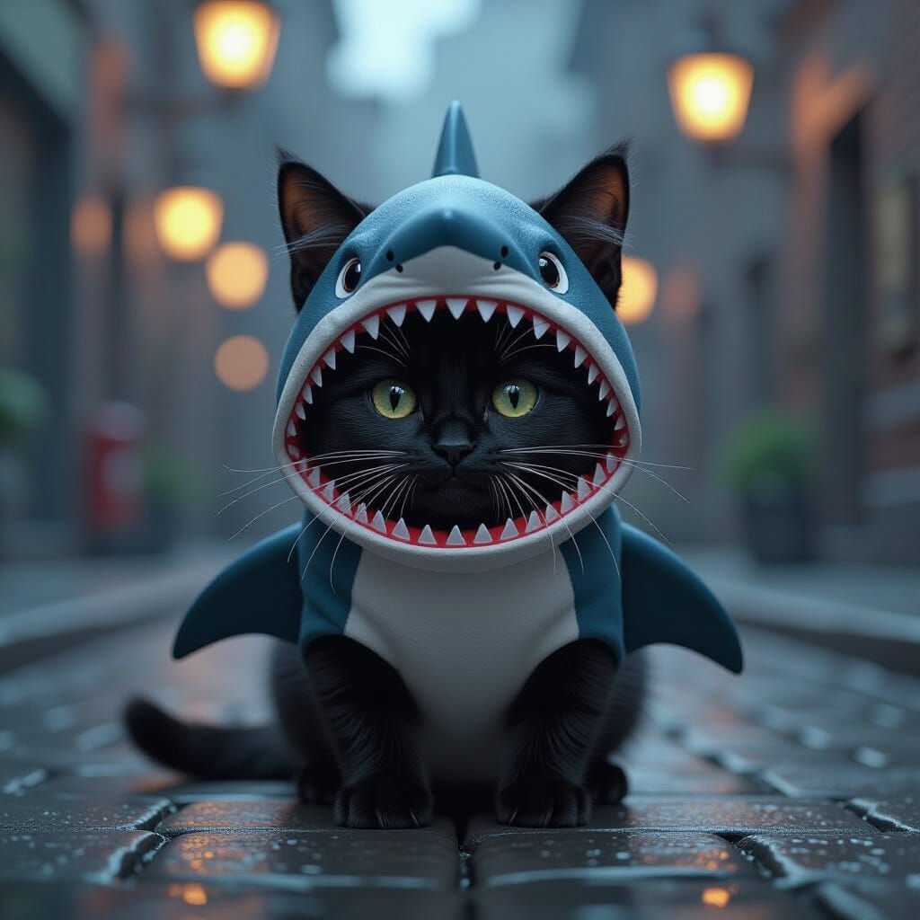 Happy Cat Dressed As Shark In Digital Matte Painting