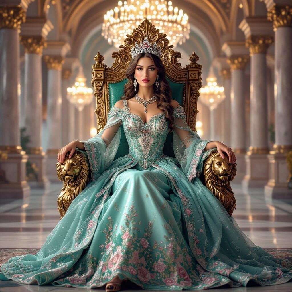 Regal Woman on Ornate Throne in Grand Palace Hall