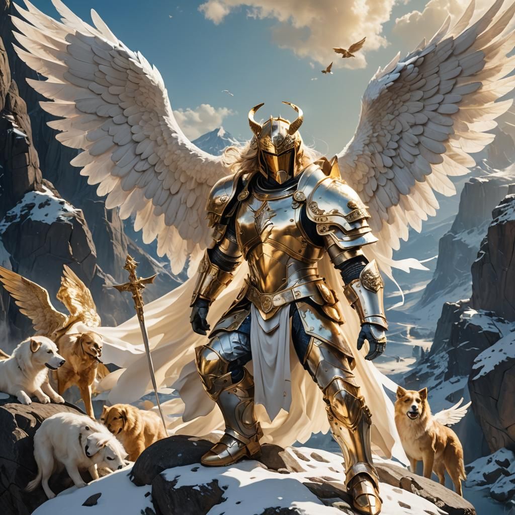 Angelic Man in Golden Armor on a Rock